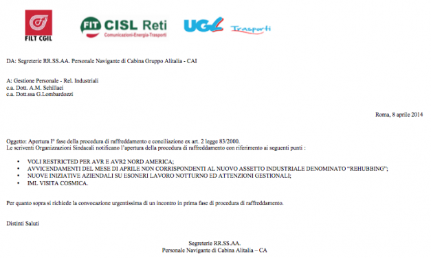 Alitalia: apertura I Fase procedura Raffreddamento