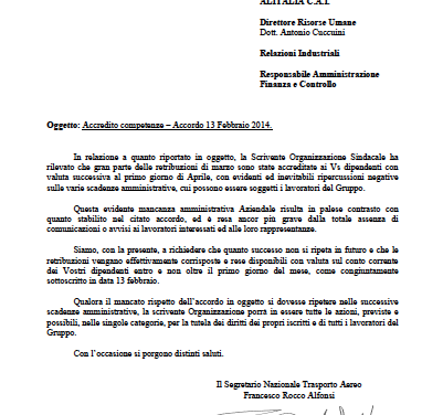 Accredito Stipendi: lettera del Segretario Francesco Alfonsi