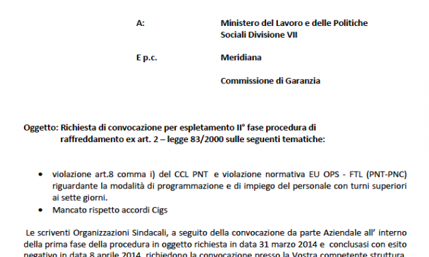 Meridiana: richiesta convocazione II Fase raffreddamento
