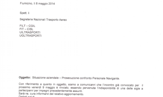 Alitalia: Rinvio incontro del 9 maggio
