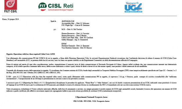 Lettera Unitaria ad Alitalia su composizione equipaggi