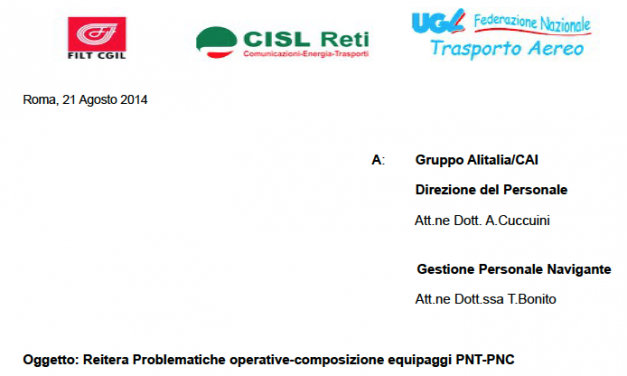 Reitera problematiche operative-composizione equipaggi PNT-PNC